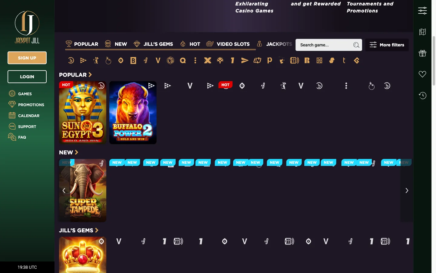 Jackpot Jill pokies lobby for Australia with the Popular, New and Jill's Gems rails